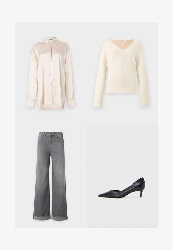 Suéter de cuello en V color crema suave con mangas largas y un ajuste relajado hecho de tela de punto.; AERON ABIGAIL SHIRT - Blusa - silver; Vaqueros grises de tiro alto y pierna ancha con cinco bolsillos, cierre de botón y bajos doblados, expuestos sobre un fondo blanco liso.; Zapato de tacón bajo de cuero negro con punta puntiaguda. Presenta una textura lisa y un brillo sutil. Corte abierto en la parte frontal para un detalle adicional.