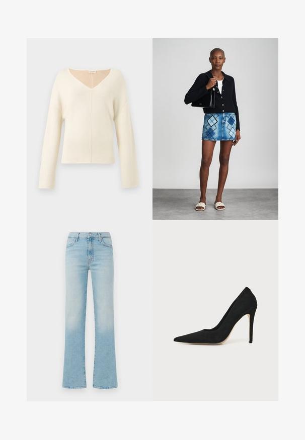 Pull doux crème à col en V avec manches longues et coupe décontractée en tissu tricoté.; Jean bleu clair évasés en denim, avec une taille haute, un design à cinq poches et une finition délavée pour un effet vintage.; Escarpin stiletto noir à talon haut avec bout pointu et texture lisse, présenté de profil sur un fond clair uni.; Un cardigan en maille noir, un haut blanc, une jupe en denim avec un motif de diamants bleus et noirs, un sac à main noir et des sandales à enfiler beiges.