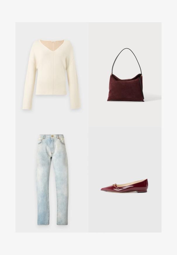 Blød cremefarvet V-udskæring sweater med lange ærmer og en afslappet pasform lavet af strikket stof.; Lyseblå denimjeans med lige pasform, fem lommer og knaplukning. Begge med en bleg tekstur og detaljeret syning på sømmene.; Bordeaux patenteret læderballerinaer med spids tå, der har en lille udskæring og en lav hæl. Glat tekstur og elegant design.; Blød vinrød ruskindstaske med sort skulderrem og guldfarvede metaldele, vist på hvid baggrund.