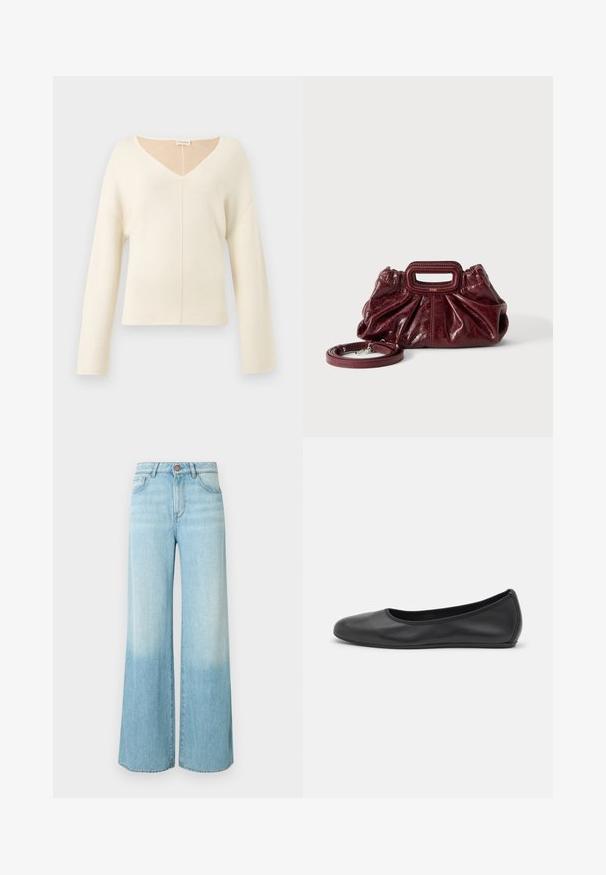 Pull doux crème à col en V avec manches longues et coupe décontractée en tissu tricoté.; Jean large en denim bleu clair, avec un lavage délavé, une taille haute, des poches avant et une fermeture à un bouton.; Ballerines en cuir noir avec un bout rond, texture lisse, détails de couture minimalistes et design de semelle flexible.; Petit sac à main en cuir rouge foncé avec texture froncée, poignée rectangulaire découpée pour la main et bandoulière détachable sur fond blanc.