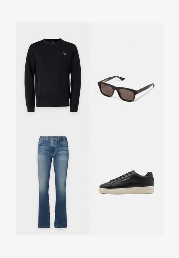 PS Paul Smith CREW NECK - Svetrík - black; Džínsy s rozšírenými nohavicami v stredne modrej farbe s vyblednutým povrchom, s klasickým dizajnom piatich vreciek a kovovými doplnkami.; Čierne kožené tenisky s hladkým povrchom, kontrastnou krémovou podrážkou, zaoblenou špičkou, zlatým logom na boku a šiestimi dierkami na šnúrky.; Čierne obdĺžnikové slnečné okuliare s tmavými šošovkami. Plastový rám s hladkou textúrou a jemným značkovým detailom na vnútornej strane spánku.