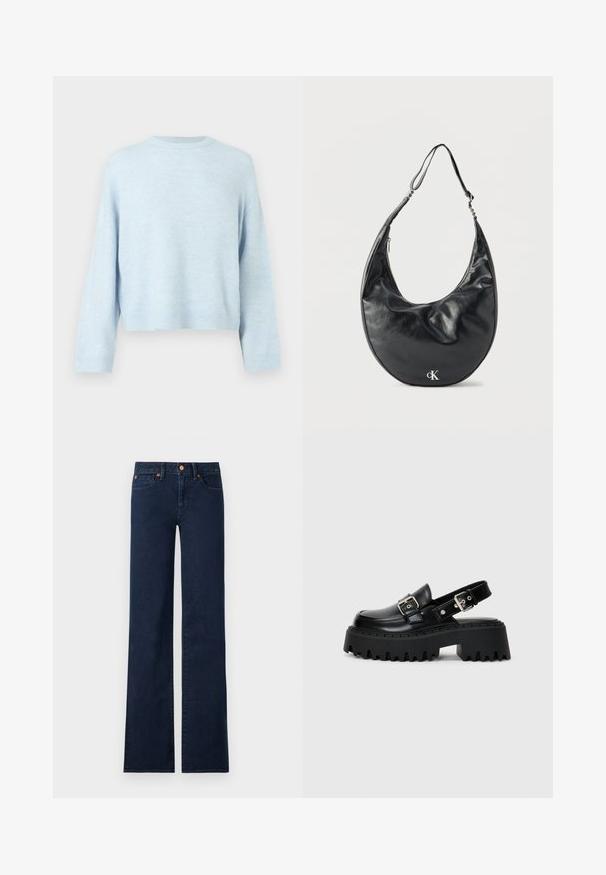 Pull ample bleu clair avec un col rond et des manches longues. Texture douce, poignets et ourlet côtelés, coupe courte.; Jean en denim bleu foncé taille haute, jambes larges et droites, poches avant et détails de rivets en cuivre sur fond blanc.; Sandales sur plateforme noires en cuir brillant, dotées d'une sangle à boucle et d'une semelle épaisse texturée avec des nervures prononcées.; Sac d'épaule en cuir noir en forme de croissant avec une sangle ajustable et un logo argenté « cK » à l'avant, sur fond blanc.