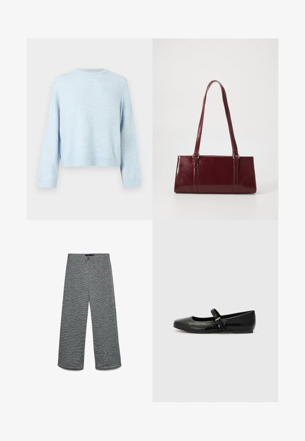 Pull ample bleu clair avec un col rond et des manches longues. Texture douce, poignets et ourlet côtelés, coupe courte.; Pantalon à jambes larges en tissu tricoté gris texturé. Doté d'une taille haute et de jambes droites, offrant une coupe décontractée.; Ballerines en cuir noir avec un bout arrondi, une semelle plate et une fine sangle ajustable sur le cou-de-pied avec une boucle en métal.; Sac à main bordeaux en matériau brillant, de forme rectangulaire, avec deux anses et des accents légèrement courbés à l'avant.