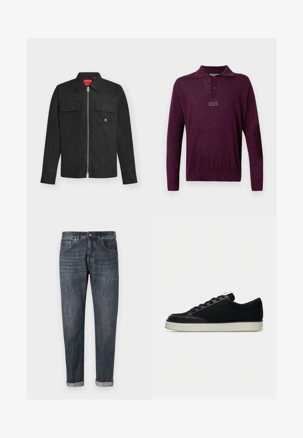 Polo en tricot bordeaux à manches longues, col boutonné et patch de marque à l'avant. Texture légèrement brillante sur l'ensemble.; Veste noire zippée à manches longues avec col, deux poches avant à rabat et logo HUGO visible sur la poche droite.; Jean denim gris foncé délavé, coupe droite, ourlets retroussés, fermeture avant avec bouton et fermeture éclair.; Baskets noires avec un bout en cuir lisse, une tige en textile, des lacets plats et une semelle en caoutchouc blanche. Design minimaliste avec des détails contrastés.