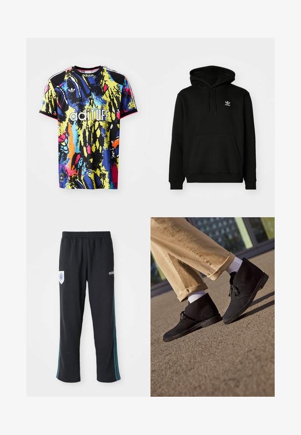 Sort hættejakke lavet af bomuldsblanding, har en frontlomme, ribbede manchetter og et lille hvidt logo på venstre bryst.; Mønstret adidas sportsjersey i flere farver med et livligt abstrakt mønster, korte ærmer, rund halsudskæring og "adituff" logo på fronten.; Sorte polyester træningsbukser med elastisk talje, med en blåstribet sidestribe og et logo på venstre forside af hoften.; Sorte ankelstøvler i ruskind med en struktureret sål, featuring en rund tå og snørebånd, parret med rullede kaki-bukser og hvide sokker.