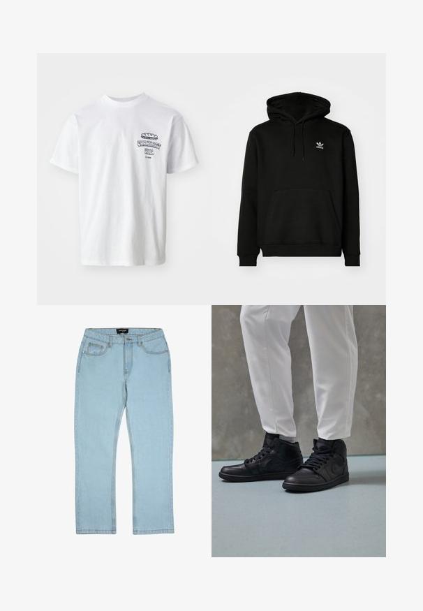 Zwarte hoodie van een katoenmix, voorzien van een voorzak, ribgebreide manchetten en een klein wit logo op de bovenste linkerborst.; Witte katoenen t-shirt met korte mouwen, ronde hals en een grafische print met de tekst "Carhartt WIP" en een voedselillustratie op de borst.; Lichtblauwe spijkerbroek gemaakt van denim met een rechte pijp, voorzien van standaardzakken en zichtbare stikdetails. Zonder versieringen.; Zwarte hoge sneakers van glad leer, met een ronde neus en vetersluiting; gecombineerd met witte taps toelopende broeken, tentoongesteld op een gestructureerde vloer.