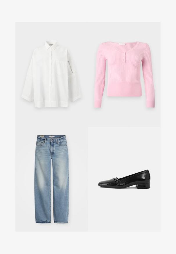 Pull en maille côtelée rose clair avec manches longues, col en V et sept petits boutons assortis le long de l'encolure et de la patte de boutonnage avant.; Chemise blanche surdimensionnée à boutons avec col, poche sur la poitrine gauche et poche zippée sur la manche gauche, sur un fond uni.; Jeans large en denim bleu clair. Comprend un bouton et une fermeture éclair, cinq poches, et une finition délavée avec un ourlet légèrement usé.; Ballet flats en cuir verni noir avec un bout pointu, un petit talon carré et un détail de boucle métallique sur la sangle. Texture lisse.