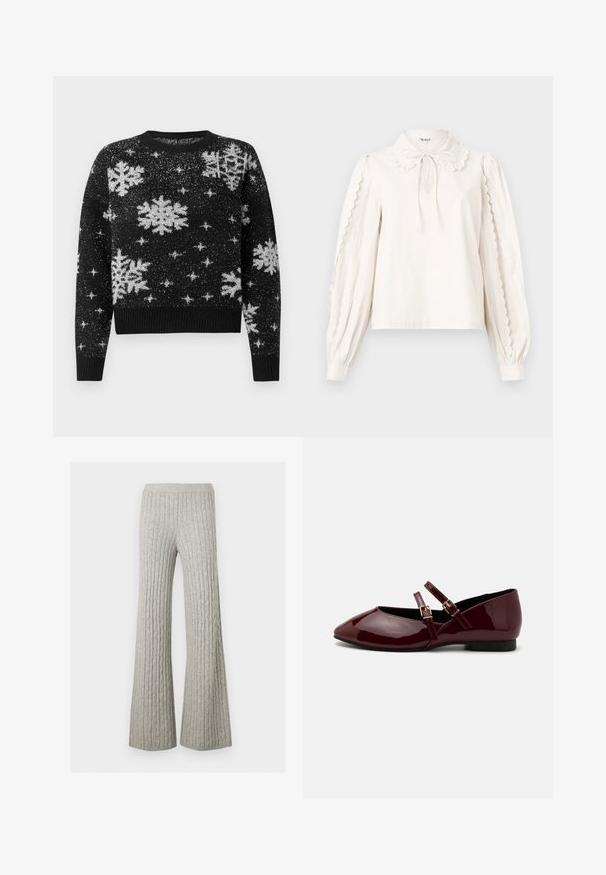 Zwarte trui met witte sneeuwvlok- en sterpatronen, gemaakt van een gestructureerde stof, ronde halslijn en geribbelde zoom en manchetten.; Witte blouse met lange mouwen, schulpjes aan de mouwen, een Peter Pan-kraag met een gestrikt strikje en knoopsluiting bij de mouwen.; Lichtgrijze gebreide broek met kabelpatroon, wijde pijpen en een rekbare tailleband, getoond op een effen achtergrond.; Anna Field Ballerina's met enkelbandjes - dark red