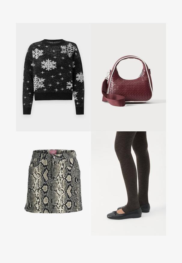 Jersey negro con patrones de copos de nieve y estrellas en blanco, confeccionado con una tela texturizada, cuello redondo y dobladillo y puños acanalados.; Mini falda línea A con estampado de piel de serpiente sintética en negro, beige y blanco, con bolsillos delanteros y una cinturilla con botones.; Piernas con leggings oscuros acanalados combinados con bailarinas negras que presentan pequeños detalles de lazo sobre un fondo blanco.; Bolso de mano de cuero tejido color granate con asa curva, ribete blanco, cremallera plateada y correa desmontable de tela ancha para el hombro sobre fondo liso.