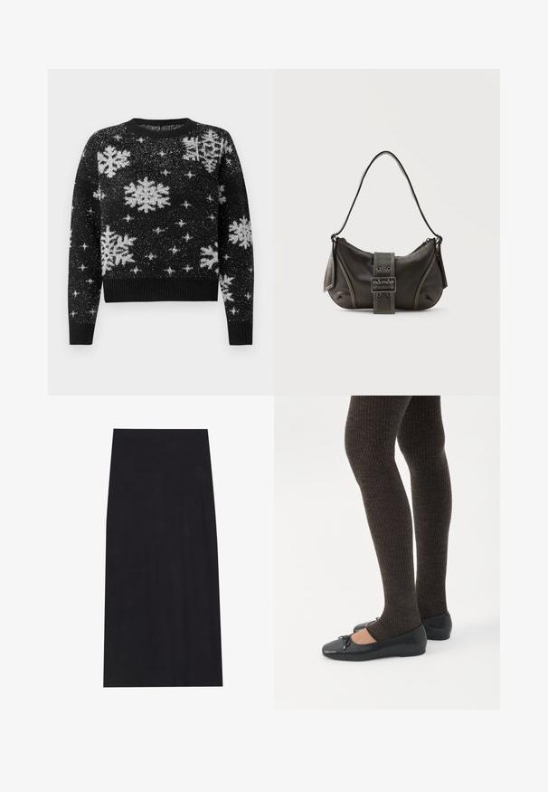 Black sweater featuring white snowflake and star patterns, made with a textured fabric, round neckline, and ribbed hem and cuffs.; Black midi skirt made from soft, stretchy fabric. Features a straight silhouette and an elastic waistband for a comfortable fit.; Legs wearing dark ribbed leggings paired with black ballet flats featuring small bow details on a white background.; Black leather shoulder bag with a buckle strap detail, curved edges, and contrasting white stitching on a plain background.