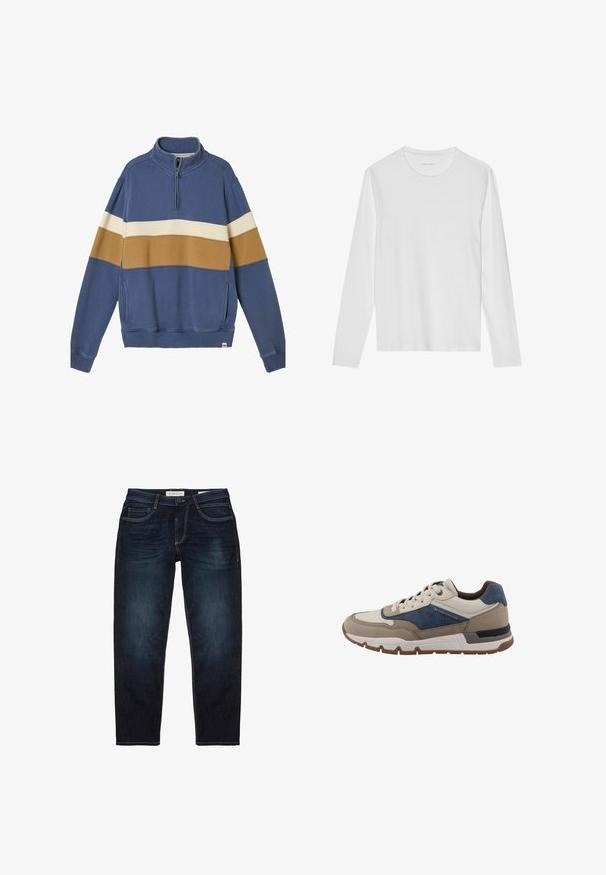 Sudadera de forro polar azul con cremallera de cuarto, con rayas horizontales en crema y marrón. Incluye bolsillos laterales y puños acanalados.; Camiseta blanca de manga larga hecha de algodón suave, con cuello redondo y una textura lisa sin patrones ni detalles visibles.; Jeans de mezclilla azul oscuro con un ajuste estándar, que presentan una cremallera, cinco bolsillos y costuras amarillas en contraste. Textura suave en general.; Zapatilla deportiva con diseño en beige y azul marino, que presenta una parte superior de tela texturizada, cuello acolchado, suela blanca en contraste y un detalle sutil de la marca.
