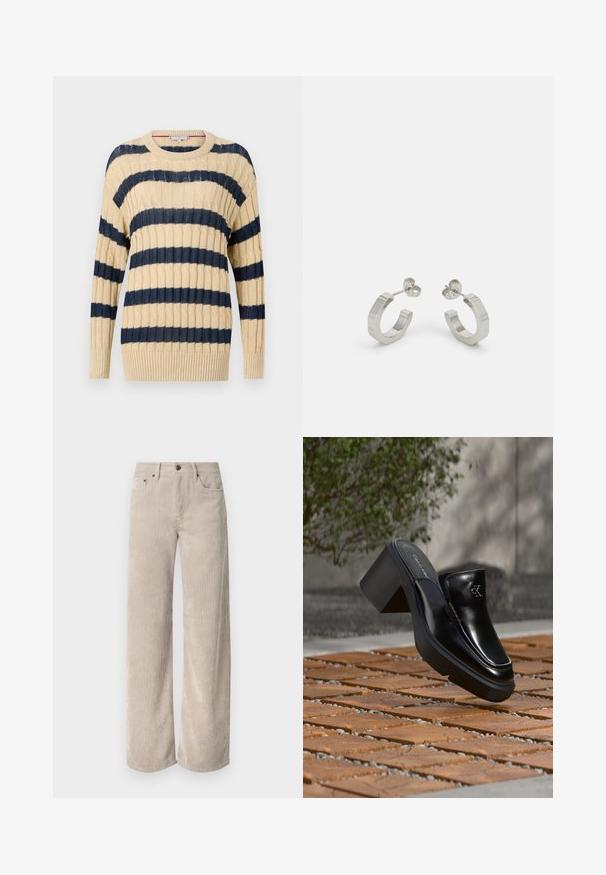 Jersey de punto beige con franjas horizontales azul marino, que presenta una textura acanalada y un cuello redondo. Mangas largas con puños acanalados y dobladillo.; Pantalones de pana anchos beige con rayas verticales, con cierre de botón y bolsillos frontales. Tejido suave y texturizado con un ajuste relajado.; Mule tipo slip-on de cuero negro de Calvin Klein con tacón de bloque descansando sobre baldosas de madera al aire libre cerca de una planta verde y una pared gris.; Pendientes aros de metal plateado con un diseño texturizado, que cuentan con un pequeño respaldo de clip y una marca en uno de los aros. Forma redondeada con un acabado pulido.