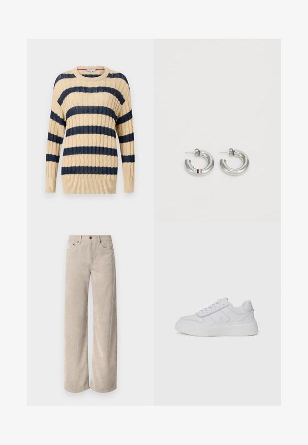 Jersey de punto beige con franjas horizontales azul marino, que presenta una textura acanalada y un cuello redondo. Mangas largas con puños acanalados y dobladillo.; Pantalones de pana anchos beige con rayas verticales, con cierre de botón y bolsillos frontales. Tejido suave y texturizado con un ajuste relajado.; Tommy Hilfiger SNEAKER - Zapatillas - white; Pendientes de aro en tono plata con un diseño liso y redondeado, y un pequeño acento de franjas rojas, blancas y azules. Sujetador de presión seguro.