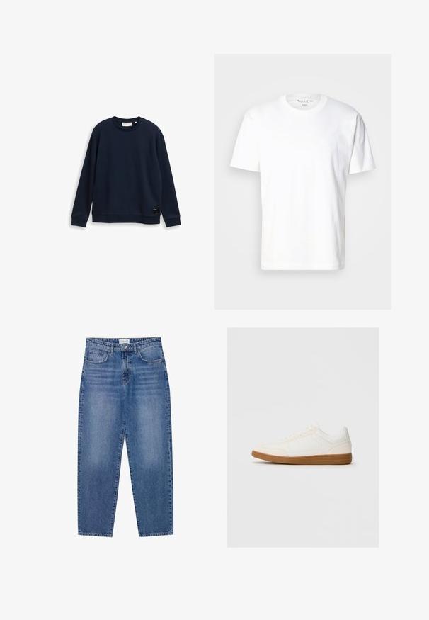 Mørkeblå langærmet sweat-shirt med rund hals og ribbede manchetter og kant, præsenteret på en ensfarvet lys baggrund.; Hvid bomulds t-shirt med rund hals og korte ærmer. Har en diskret logo detalje på fronten. Glat tekstur, afslappet pasform.; Blå denim jeans med høj talje, lige ben design og slidte finish. Har fem lommer og en knaplukning.; Hvide sneakers med en ruskind tåspids, glat syntetisk overdel og tan gummisål. Har perforeringer på siderne for åndbarhed.