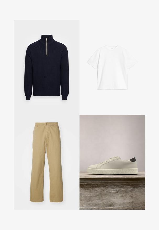 Mørkeblå strikket pullover med høj krave og halvlukning. Har ribbet tekstur og afslappet pasform ved kanten og ærmerne.; Hvid bomulds t-shirt med rund halsudskæring, korte ærmer og en afslappet pasform, der har et ensfarvet design uden mønstre eller accenter.; Khaki bomuldsbukser med lige ben, der har en frontknaplukning og sidelommer. Glat, robust tekstur.; Hvid sneaker med tekstureret sål og sort hældetalje, svævende over en træbænk med højt grønt græs i baggrunden.