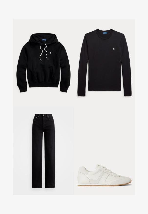Zwarte capuchontrui met witte trekkoorden, voorzak en klein wit Polo Ralph Lauren-logo op de linkerborst.; Zwart T-shirt met lange mouwen en ronde hals met klein wit Polo Ralph Lauren-logo op de linkerborst.; Hoge taille zwarte jeans met een rechte pijp, gemaakt van denim, met voorzakken en een zilveren knoopsluiting.; Witte lage sneaker met veters aan de voorkant, suède en leren panelen, en een lichtbruine rubberen zool op een witte achtergrond.