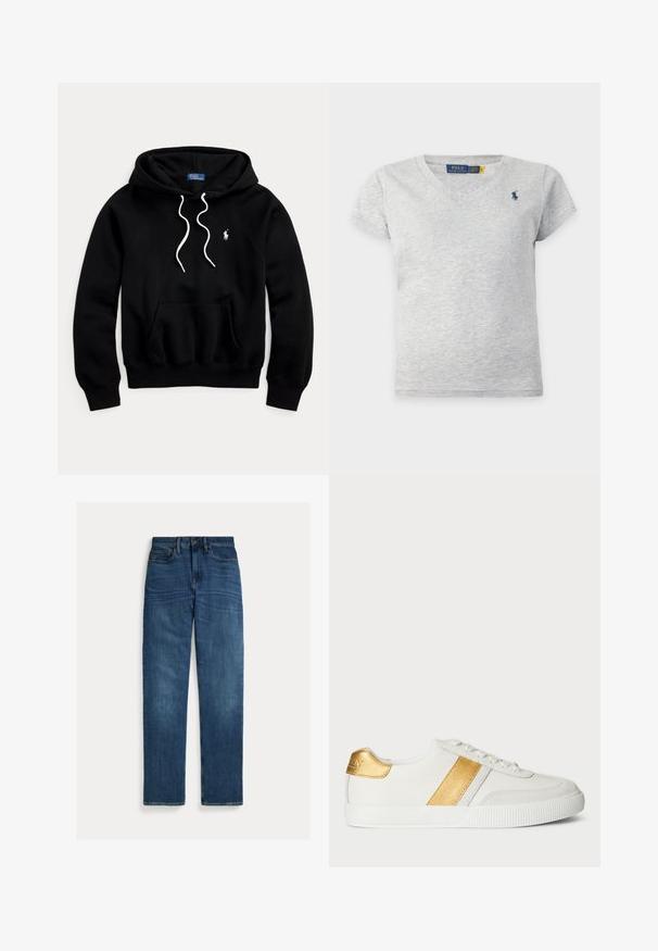 Sort hættetrøje med hvide snore, frontlomme og lille hvid Polo Ralph Lauren-logo på venstre bryst.; Lysegrå kortærmet V-hals bomulds-T-shirt med lille mørkeblå Polo Ralph Lauren-logo på venstre bryst.; Straight-leg blå denim jeans med fem lommer, knaplukning og subtil falmning på lår og knæ, lagt fladt på hvid baggrund.; Hvide sneakers lavet af syntetisk materiale, med et metallisk guldbånd og hælaccent, samt en tekstureret gummisål.