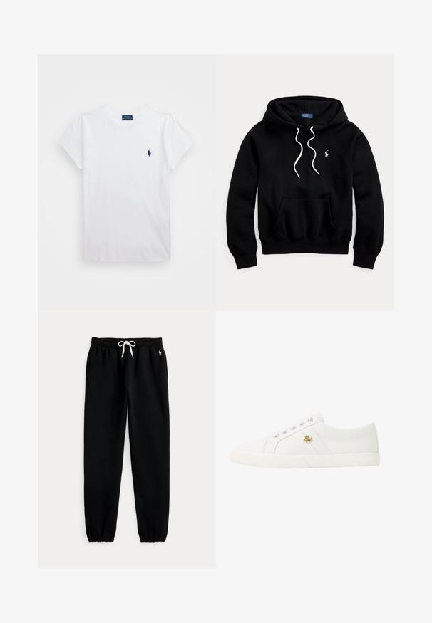 Schwarzer Kapuzenpullover mit weißen Kordeln, Fronttasche und kleinem weißen Polo Ralph Lauren-Logo auf der linken Brust.; Weißes Baumwoll-T-Shirt mit kurzen Ärmeln, das ein kleines marineblaues Logo auf der linken Brust zeigt. Schlichtes Design mit Rundhalsausschnitt.; Schwarze Jogginghose mit elastischem Bund und weißem Kordelzug, elastischen Bündchen und kleinem weißem Pferdelogo an der linken Hüfte.; Lauren Ralph Lauren JANSON II CANVAS SNEAKER - Sneaker low - optic white