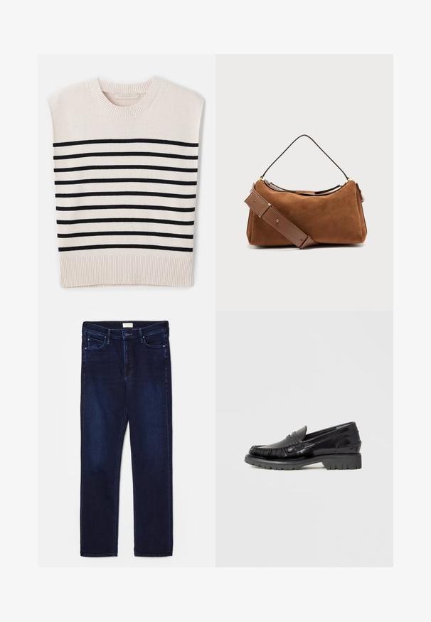 Vanessa Bruno CASSANDRA - Trui - ecru/marine; Donkerblauwe spijkerbroek met slim fit, vijf zakken, stikselaccenten en rechte pijpen. Voorzien van een knoop- en ritssluiting.; Zwarte leren loafer met een bovenwerk in mocassinstijl, gestructureerde franjes en een dikke zwarte rubberen zool. Gladde afwerking, ronde neus.; Bruine suède schoudertas met een brede verstelbare leren band en een smalle handgreep, afgebeeld tegen een effen lichte achtergrond.