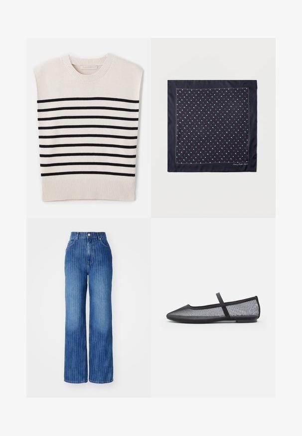 Vanessa Bruno CASSANDRA - Trui - ecru/marine; Blauwe denim wijde broek met verticale witte strepen, hoge taille en vijf-pocket ontwerp, voorzien van een knoop- en ritsluiting.; Zwarte ballet flats van mesh met een puntige neus, voorzien van een smalle band over de wreef en een platte rubberen zool. Lichtgewicht en ademend ontwerp.; Marineblauw vierkant sjaaltje met klein wit en rood geometrisch patroon en een dunne witte rand langs de randen.