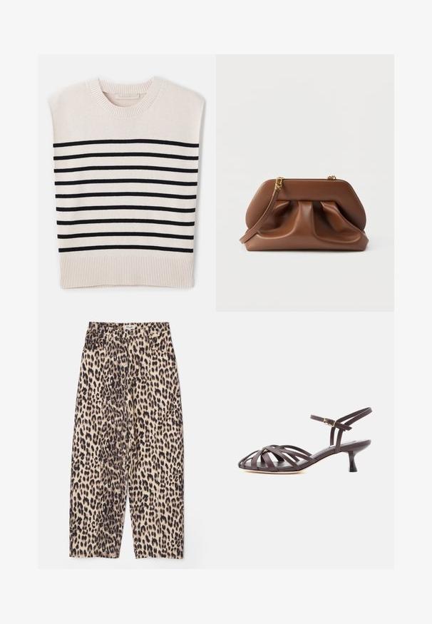 Vanessa Bruno CASSANDRA - Trui - ecru/marine; Leopardprint broeken in beige en zwart, met een relaxte pasvorm, textiel stof en vier zakken met een tailleband.; Donkerbruine leren sandaal met bandjes en kitten heel, verstelbare gesp rond de enkel, op witte achtergrond.; Bruine leren clutch met een geplooid ontwerp, goudkleurige hardware en afneembare polsband, op een witte achtergrond.