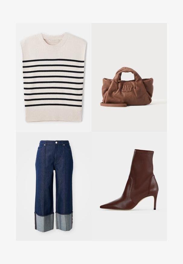 Vanessa Bruno CASSANDRA - Trui - ecru/marine; Donkerblauwe wijde jeans met opgerolde pijpen die lichter denim tonen, met een knoop aan de voorkant en zakken, op een witte achtergrond.; Donkerbruine leren enkellaars met spitse neus en smalle hoge hak tegen een effen lichte achtergrond.; Zachte bruine leren handtas met korte handgrepen, een vooraan gestikt logo en een afneembare lange band op een effen lichte achtergrond.