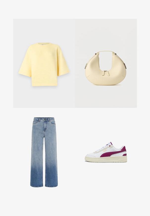 Geel kortmouwtruitje met een zachte textuur, een ontspannen pasvorm en een ronde halslijn. Heeft doorgestikte schouders en een cropped silhouet.; Hoge taille blauwe denim jeans met wijde pijpen en een gradient vervaging van lichtblauw naar donkerblauw aan de onderkant.; Witte leren sneakers met dieproze accenten, afgeronde neus en een gestructureerde rubberen zool. Bevat het Puma-logo in goud aan de zijkant.; Beige, halvemaanvormige handtas met dubbele ritssluiting en korte handgreep, voorzien van zilverkleurige hardware details aan de zijkanten.
