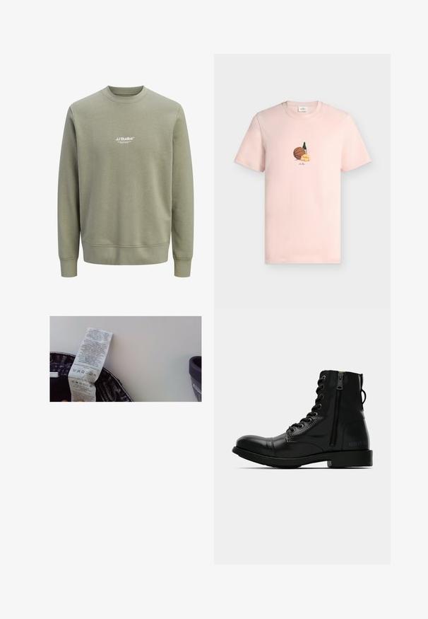 Lysegrøn olivengrøn crewneck sweatshirt med lange ærmer og lille hvidt "JJ Studios" logo centreret på brystet.; Lyserød t-shirt med korte ærmer og et lille motiv af en basketball, flaske og blomst midt på brystet.; Vaskeanvisning på et stykke tøj, der viser tekstilindhold. Baggrunden har en mørk mønstret kant og indeholder vaskeanvisninger på flere sprog.; Sorte læder ankelstøvler med rund tå, snørrebånd fortil, lynlås i siden og flad sål. Har prægede branding på hælen.