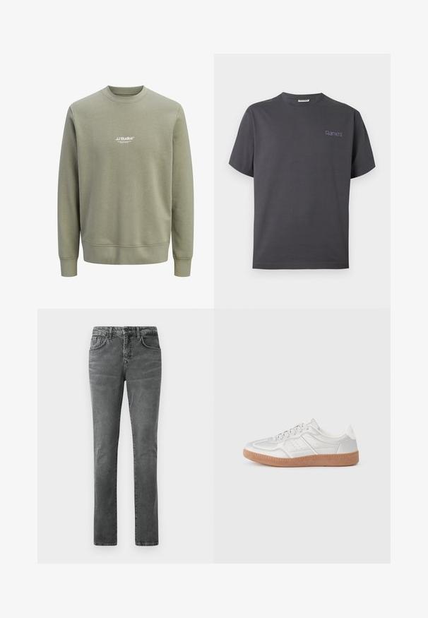 Lysegrøn olivengrøn crewneck sweatshirt med lange ærmer og lille hvidt "JJ Studios" logo centreret på brystet.; Mørkegrå T-shirt i bomuld med korte ærmer, med en lille lilla "Ramen"-logo på venstre bryst og rund halsudskæring.; Grå denim jeans med straight leg pasform, fem-lomme design, subtilt falmet tekstur og bæltesløjfer. Ingen synlig branding eller pynt.; Sølv sneakers med en glat overflade, snørebånd, perforerede detaljer og en struktureret brun gummi sål.