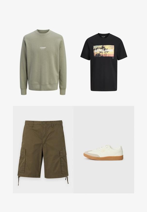 Sweat-shirt vert olive clair à col ras du cou, manches longues, avec un petit logo blanc "JJ Studios" centré sur la poitrine.; T-shirt noir avec motif coucher de soleil et palmier, grand texte blanc "JACK & JONES" imprimé sur la poitrine.; Short cargo kaki avec poches latérales à rabat, fermeture à boutons à l'avant, passants pour ceinture et cordons réglables à l'ourlet.; Baskets en cuir blanc avec une coque beige et une semelle en caoutchouc marron clair. Dotées de lacets blancs plats et d'un logo embossé sur le côté.