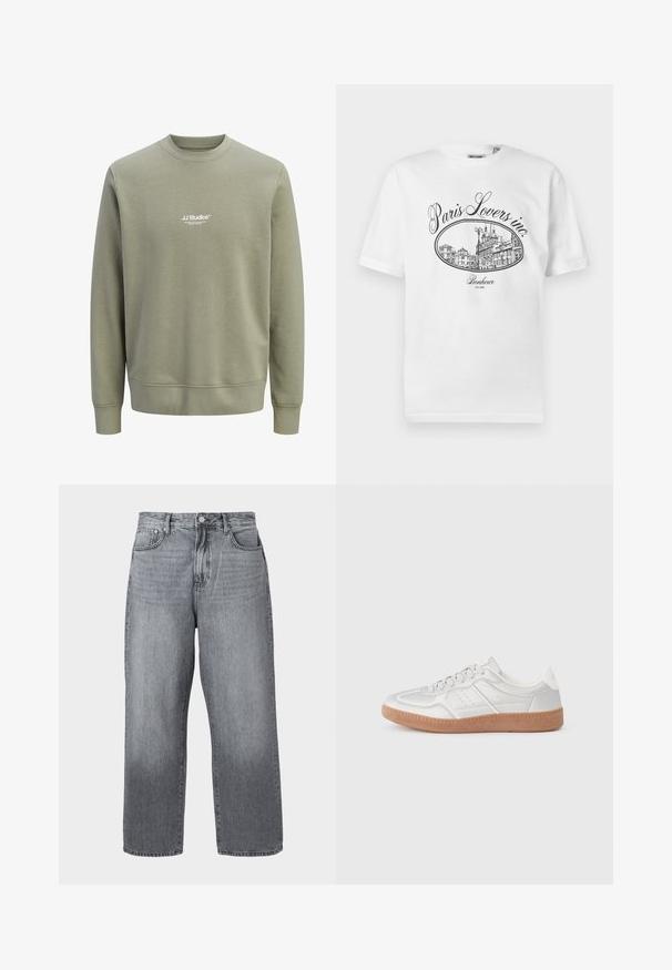 Lysegrøn olivengrøn crewneck sweatshirt med lange ærmer og lille hvidt "JJ Studios" logo centreret på brystet.; Hvid bomulds-T-shirt med et sort illustrativt tryk af en pariserbybillede med teksten "Paris Lovers inc." og "Bonheur EST.1992."; Grå denim bred-benede jeans med høj talje, fem-lomme design og metal lukning. Stof viser let falmning nær kanten.; Sølv sneakers med en glat overflade, snørebånd, perforerede detaljer og en struktureret brun gummi sål.