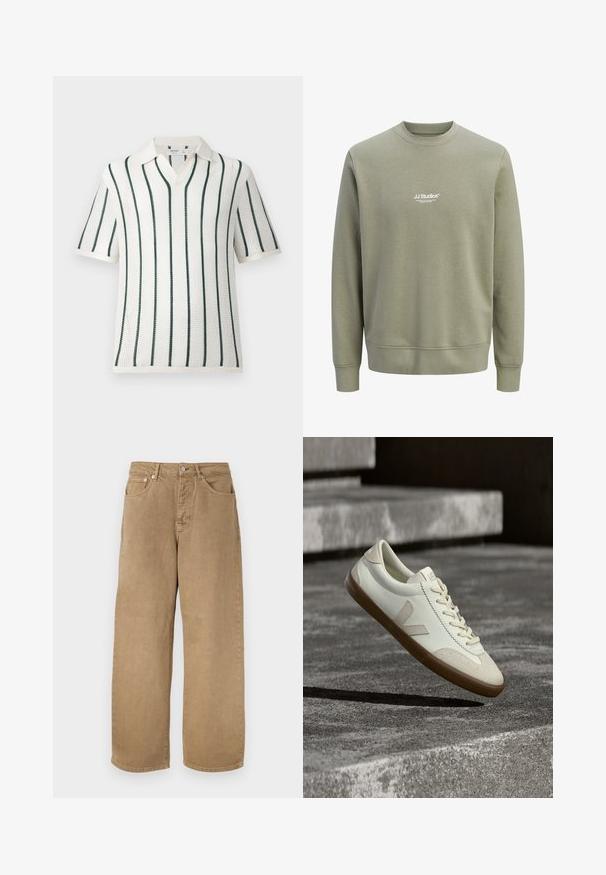 Sweat-shirt vert olive clair à col ras du cou, manches longues, avec un petit logo blanc "JJ Studios" centré sur la poitrine.; Polo en maille blanche à manches courtes avec des rayures verticales vert foncé et un col doux, présenté sur un fond uni clair.; Pantalon beige en coton à jambes droites, avec bouton sur le devant, fermeture éclair, passants pour ceinture, et design à cinq poches, présenté sur un fond blanc.; Baskets en cuir blanc avec semelle en caoutchouc beige, lacets plats et accent en forme de V sur le côté. Présentent une surface lisse et peu de détails de couture.