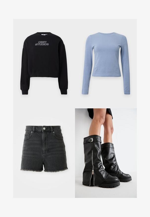 Schwarzer croppter Sweatshirt aus Baumwolle mit langen Ärmeln. Mit "OBEY STUDIOS" in Weiß auf der Vorderseite gestickt. Schlichtes Design.; Hellblaues Langarmhemd aus weichem Baumwollmaterial. Verfügt über einen runden Halsausschnitt und eine enganliegende Silhouette mit glatter Textur.; Schwarze Denim-Shorts mit hoher Taille, fransigem Saum und vorderen Taschen. Mit einem Knopfverschluss und dezentem Verblassen für Textur.; Schwarze Lederstiefel bis zum Knie mit weiter Schaftweite, seitlichem Reißverschluss und Schnallenakzent, strukturierter Oberfläche und robuster Gummisohle.