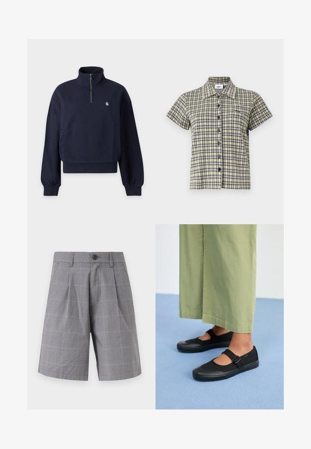 Marineblå sweatshirt med kvart-lynlås og ribstrikkede manchetter og kant, med en lille hvid logo på venstre bryst.; Kortærmet skjorte med knapper, gult, sort og hvidt ternet mønster og krave, vist mod en ensfarvet baggrund.; Grå skræddersyede shorts med diskret ternet mønster, forreste læg, bæltestropper, sidelommer og enkelt sort knaplukning.; Sorte kanvas sko med rund tå, gummisål og en spænde rem. Parret med løse, lysegrønne bukser.