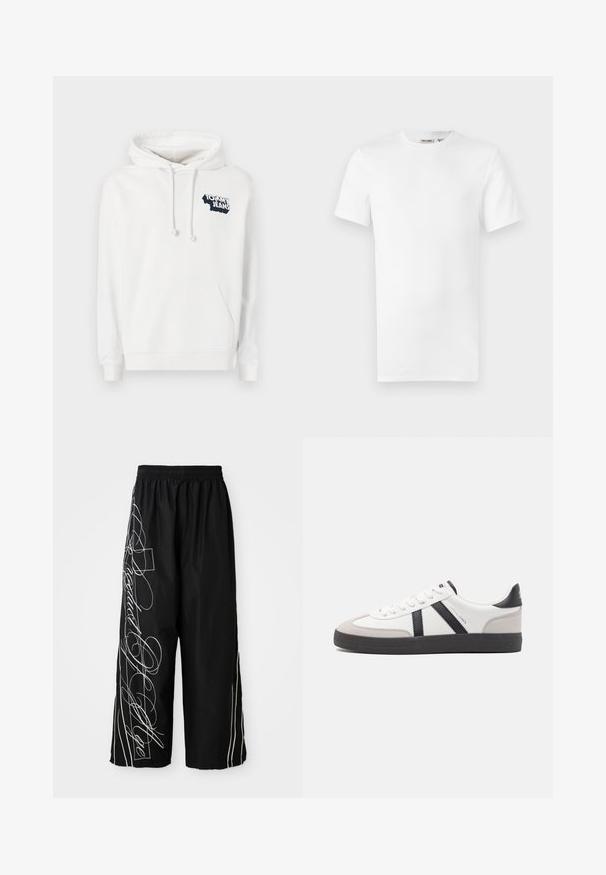 Valge kapuutsiga särk pehmest materjalist, millel on ees tasku ja reguleeritav kapuutsinöör, ning sinine Tommy Jeans logo rinna peal.; Valge lühikeste varrukatega T-särk ümarakaelusega, mis sisaldab krae sees väikest brändi sildi, valgel taustal.; Mustad, laiad, lühikesed püksid kergest kangast. Sisaldab valgeid tikandeid ja aktsente, mis voolavad külgedel allapoole. Elastne vöökoht.; Valged tossud mustade ja hallide aktsentidega, tekstureeritud halli varbakattega, musta kummitald ja lamedad valged paelad. Puhtad jooned, minimalistlik stiil.