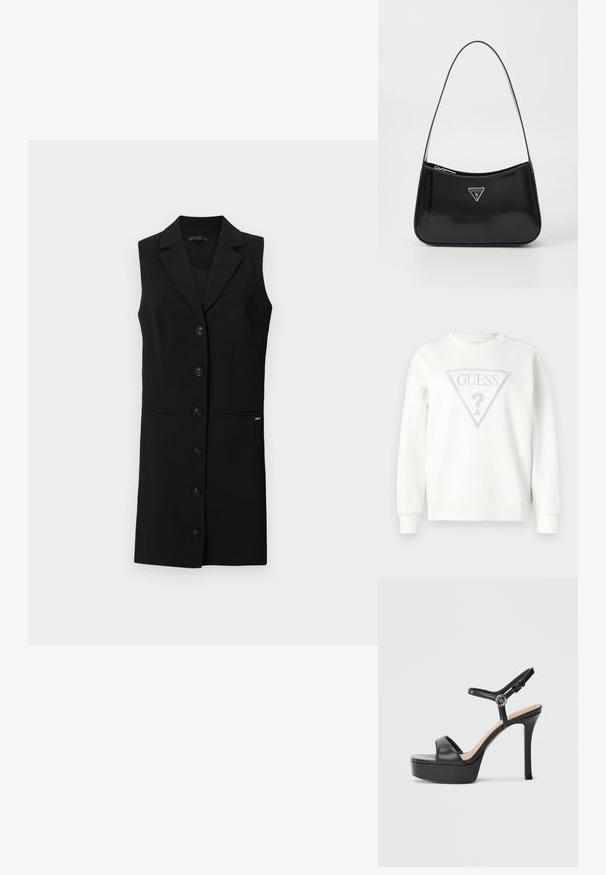Hvid crewneck-sweatshirt med et trekantet sølvtryk med "GUESS" og et spørgsmålstegn i midten. Blødt, tekstureret stof.; Sort sansærmet blazer kjole med skræddersyet design, blazerkrave, seks frontknapper og sidelommer. Glat stof med minimale detaljer.; Sorte platformsandaler med høj stiletthæl, der har en glat læderoverdel, peep toe-design og en justerbar ankelrem med metalbeslag.; Sort patenteret læder skuldertaske med en buet form, prydet med et sølvfarvet trekantet logo og en lynlås-lukning. Glat tekstur og slank rem.