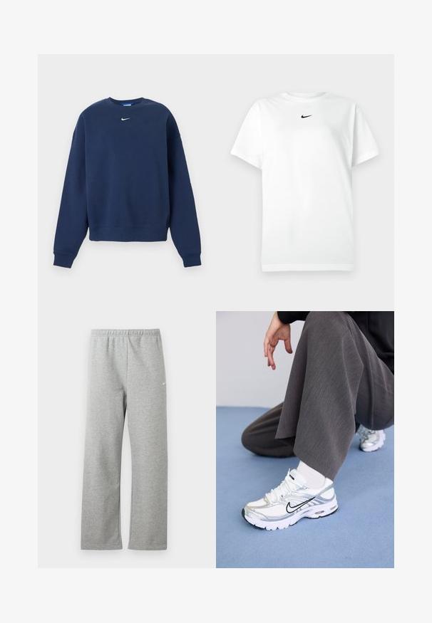Marineblaues Sweatshirt mit Rundhalsausschnitt, langen Ärmeln und weißem Nike-Logo zentriert unter dem Kragen.; Weißes T-Shirt mit kurzen Ärmeln und Rundhalsausschnitt, mit kleinem schwarzen Nike-Swoosh-Logo, das zentriert unter dem Halsausschnitt platziert ist.; Hellgraue Jogginghose mit elastischem Bund und kleinem weißen Nike-Logo am oberen Oberschenkel, auf weißem Hintergrund flach liegend dargestellt.; Weiße und silberne Sportschuhe aus Mesh- und Synthetikmaterialien, mit schwarzen Akzentlinien, Schnürsenkeln und strukturierten Sohlen.
