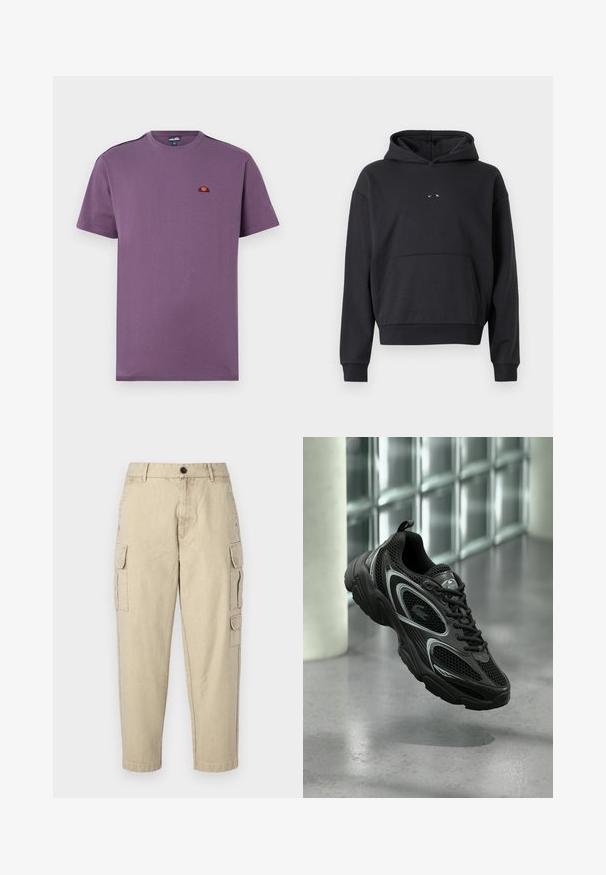 Zwarte hoodie van een katoenmix, voorzien van een kangoeroezak, ribgebreide manchetten en een logopatch op de borst. Klassieke, relaxte pasvorm.; Paarse katoenen T-shirt met een ronde hals en korte mouwen. Heeft een klein geborduurd logo op de borst en een solide textuur.; Beige cargobroek gemaakt van zachte stof, met zijzakken, een knoopsluiting en een tapered leg ontwerp.; Zwarte sportschoen van mesh en synthetisch materiaal, met een gestructureerde zool, slank ontwerp, zilveren accenten en een vetersluiting aan de voorkant.