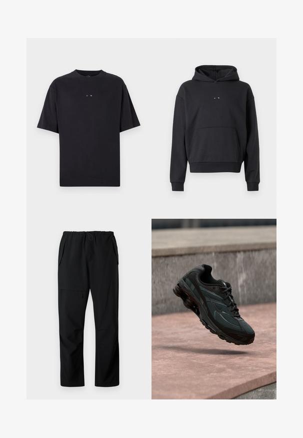Zwarte hoodie van een katoenmix, voorzien van een kangoeroezak, ribgebreide manchetten en een logopatch op de borst. Klassieke, relaxte pasvorm.; Oakley RISE TEE - T-shirt basic - blackout; Zwarte casual broek met elastische tailleband, twee zijzakken en een ritszak op de dij, plat weergegeven op een witte achtergrond.; Zwarte atletische sneaker met zichtbare luchtgeveerde tussenzool die boven een roze stenen oppervlak zweeft met een grijze stenen muur op de achtergrond.