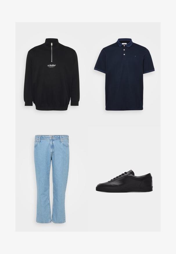 Sort pullover sweatshirt med høj krave, halv lynlås og ribbede manchetter. Har et lille hvidt logo på brystet. Glat tekstur.; Marineblå polo shirt lavet af blødt stof, med klassisk krave, tre-knap lukning og kontraststribede detaljer på ærmerne.; Lyseblå denim jeans med lige ben-design, der har en fem-lomme stil og en knaplukning i taljen.; Sort lavtstående lædersneaker med snørebånd foran og flad gummisål, vist fra siden på en ensartet hvid baggrund.
