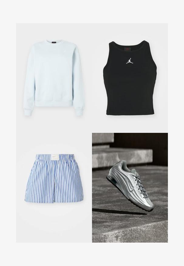 Lichtblauwe sweater met ronde hals en lange mouwen, met een klein wit Jordan Jumpman-logo op de linkerborst.; Zwarte, op maat gemaakte tanktop van katoen, met een ronde halslijn en een wit Jordan-logo dat op het midden van de voorkant is gestikt. Soepele textuur.; Blauwe en witte gestreepte shorts met een elastische tailleband en een label met het Nike-logo. Gemaakt van lichtgewicht stof met een zachte textuur.; Zilveren Nike-sneaker met gestructureerd zijontwerp en grijze veters zwevend boven betonnen traptreden in een gedempte buitenomgeving.