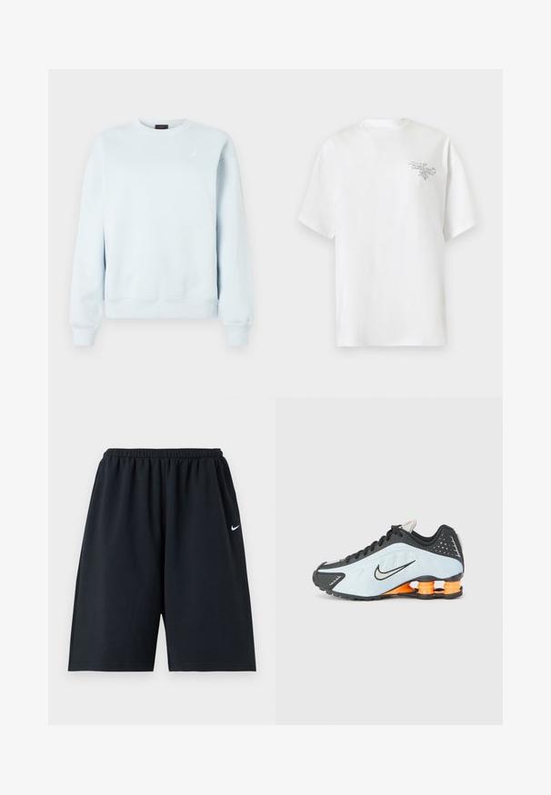Lysblå crewneck sweatshirt med lange ærmer og lille hvid Jordan Jumpman-logo på venstre bryst.; Hvid T-shirt med korte ærmer og lille sort kursiv tekst på venstre bryst med teksten "cartoons ME" på en ensartet lys baggrund.; Sorte Nike atletikshorts med elastisk taljebånd og lille hvid Swoosh-logo på højre lår, vist mod en ensfarvet baggrund.; Sort og lyseblå sportsko med rund tå, mesh- og syntetisk overdel, samt orange hælstøtte i et stødabsorberende design.