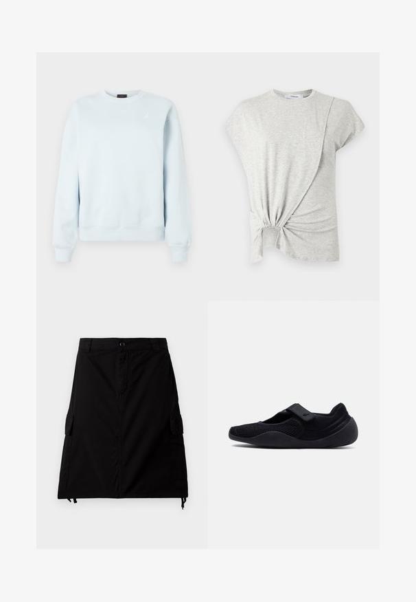 Lichtblauwe sweater met ronde hals en lange mouwen, met een klein wit Jordan Jumpman-logo op de linkerborst.; Lichtgrijs shirt met korte mouwen, ronde hals en een gedraaide knoopdetail aan de voorzoom, gemaakt van zachte gebreide stof.; Zwarte cargorok van een katoenmengsel met een rechte snit, voorzien van zijzakken, een voorste knoopsluiting en een verstelbare drawstring onderrand.; Zwarte instapschoen met mesh bovenwerk, brede rubberen zool en verstelbare klittenbandsluiting over de wreef, ontworpen voor casual gebruik.