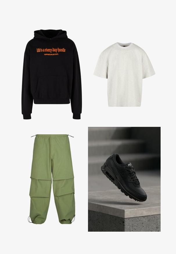 Sudadera con capucha negra y gran bolsillo frontal, con puños elásticos. Presenta texto en naranja: "la vida es un esfuerzo diario" y "UPSCALE ST."; Camiseta de algodón gris claro con mangas cortas, cuello redondo y un ajuste holgado. La tela tiene una superficie suave y ligeramente texturizada.; Pantalones cargo ligeros de color verde oliva, con cintura elástica, diseño en capas y puños ajustables con cordón. Fabricados con una tela lisa y duradera.; Zapatilla Nike Air Max 90 negra que combina materiales de cuero y malla, con cordones redondos y una unidad de aire visible en la suela.