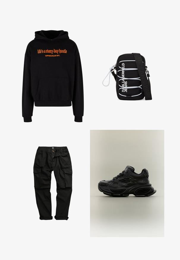 Sudadera con capucha negra y gran bolsillo frontal, con puños elásticos. Presenta texto en naranja: "la vida es un esfuerzo diario" y "UPSCALE ST."; Pantalones cargo negros fabricados en una mezcla de algodón. Presentan múltiples bolsillos, una cinturilla elástica y un diseño de pierna ligeramente ajustado.; Zapatilla deportiva negra y gruesa con diseño texturizado, suela gruesa y cierre de cordones mostrada sobre un fondo neutro y sencillo.; Bolso negro de bandolera con cordones elásticos blancos, herrajes plateados y texto "KARL LAGERFELD JEANS" en blanco en el frente, con una correa ancha negra.