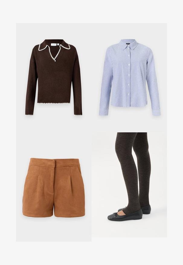 Pull marron tricoté avec un col en V et un bord festonné blanc sur le col et les poignets. Ourlet côtelé et texture douce.; Chemise à manches longues boutonnée, avec des rayures verticales blanches et bleu clair et un col pointu, présentée sur un fond uni.; Shorts en faux suède brun avec un design ajusté, dotés de deux poches avant et de plis subtils, offrant une texture lisse et douce.; Jambes portant des leggings côtelés foncés associés à des ballerines noires avec de petits détails en nœud sur fond blanc.