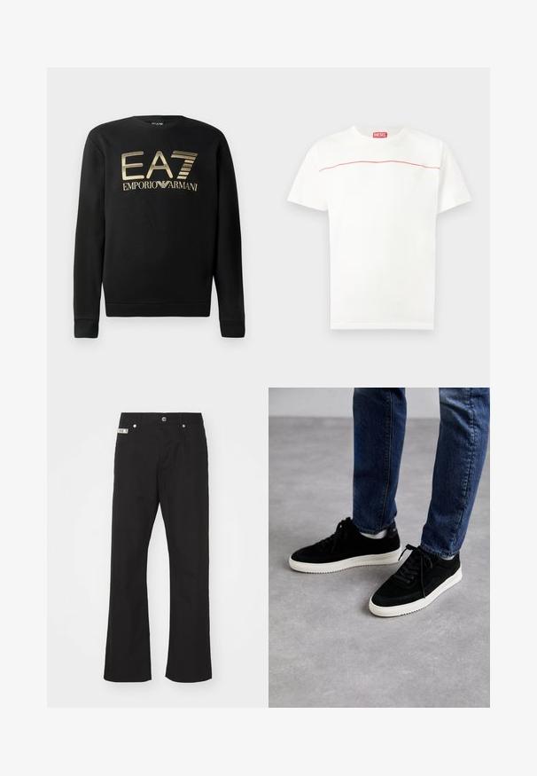 Schwarzer Pullover mit Rundhalsausschnitt, mit goldenem EA7 Emporio Armani-Logo auf der Brust. Weicher Stoff mit gerippten Bündchen und Saum.; Weißes Diesel-T-Shirt mit kurzen Ärmeln, einem dünnen roten Streifen über der Brust und einem roten Diesel-Logoetikett am Halsausschnitt.; Schwarze Baumwollhose mit geradem Bein, mit einem Frontknopfverschluss, zwei seitlichen Taschen und einem kleinen Markenetikett am Bund.; Schwarze Wildledersneaker mit einer weißen Gummisohle, die ein klassisches Low-Top-Design, eine abgerundete Spitze und flache schwarze Schnürsenkel aufweisen.