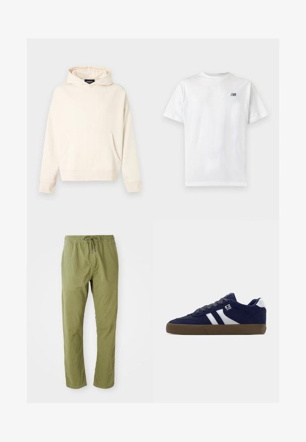 Beige pullover hættetrøje med forlomme, lange ærmer og fast hætte, vist på hvid baggrund.; Hvid t-shirt med korte ærmer og rund halsudskæring med et lille sort New Balance-logo på øverste venstre bryst på en ensartet lys baggrund.; Olivenfarvede afslappede bukser med elastisk talje og snoretræk. Fremstillet af blødt stof med en glat overflade og lige ben.; Mørkeblå ruskinds sneakers med hvide striber, grå snørebånd og en tekstureret brun gummisål. Har et logo på siden og en polstret krave.