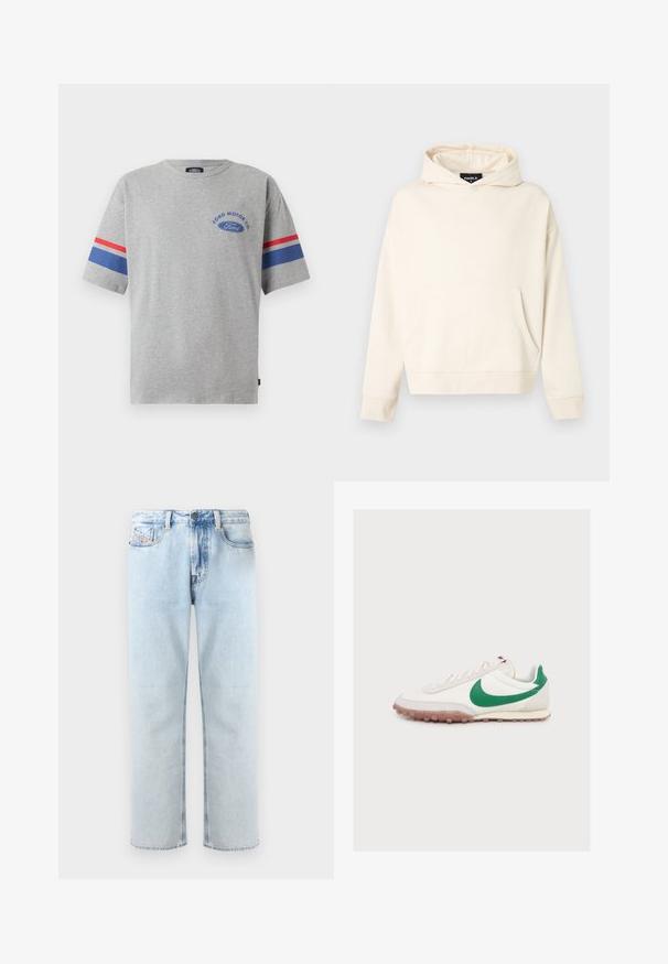 Beige pullover hættetrøje med forlomme, lange ærmer og fast hætte, vist på hvid baggrund.; Grå bomulds t-shirt med korte ærmer, prydet med blå og røde striber på ærmerne og "Ford Motor Co" logo i blå på brystet.; Lysblå denimjeans med lige ben, fem-lomme design og let falmede områder. Har en knaplukning og løkke til et bælte.; Hvid sneakers med lavt snit og grønt Nike swoosh-logo, hvide snørebånd og gennemsigtig gummisål, set fra siden på en ensfarvet baggrund.