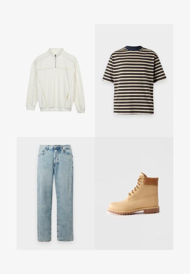 Off-white quarter-zip sweatshirt med lange ærmer, synlige beige syninger, ribstrikkede manchetter og høj krave.; T-shirt med korte ærmer og vandrette striber i marineblå, hvid og beige, med en marineblå rund hals, vist på ensfarvet baggrund.; Lyseblå lige denimbukser med knap- og lynlås-lukning, forlommer og diskret falmet detaljering.; Lysebrun læder ankelstøvle med polstret krave, gyldne snøringer, brune snørebånd og tyk sål med riller på ensfarvet lys baggrund.